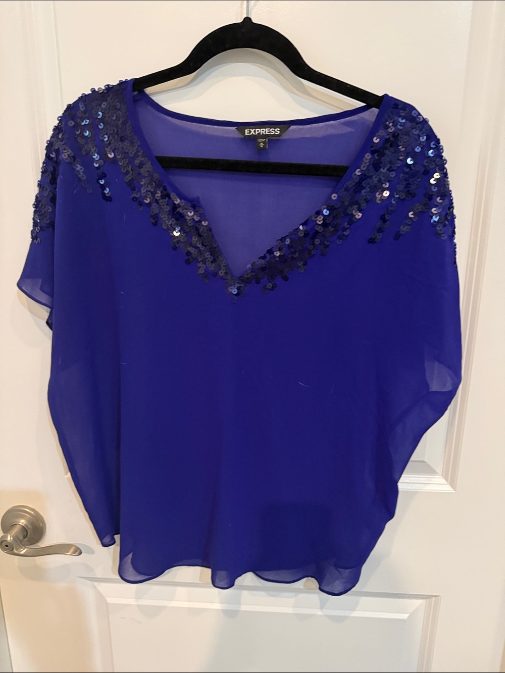 Express Royal Blue Sequin V-Neck Blouse